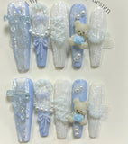 SHOPMOCHO 10PCS Cute Pink Blue Lolita French Lace Handmade Press On Nails 3D Teddy Bear Bow Pearl Fake Nails Sweet Elegant Long Nail Art