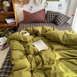 SHOPMOCHO Bedding Set Ins Ambiance Blue Coffee Grid Mixed With Washed Cotton Minimalist Four Piece Set Fitted Sheets Duvet Cover