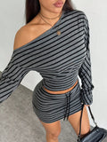 SHOPMOCHO Fashion Casual Sexy Asymmetrical Striped Shoulder Top And Mini Skirt Two-Piece Set for Women