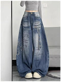 SHOPMOCHO Women Harajuku Streetwear Y2K Baggy Jeans High Street Wide Leg Curved Knife Denim Pants Vintage Washed Letter Design Trousers