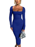 Shopmocho Autumn and Winter Women Sexy Bodycon Dress Square Neck Long Sleeved Ladies Evening Dresses
