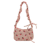 Shopmocho Women Small Underarm Bag Corduroy Handbag Cute Strawberry Print Little Tote Half Moon Design Eco Cloth Purse Mini Shoulder Bags