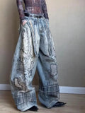 SHOPMOCHO Large Size American Street Retro Washed Distressed Curved Knife Jeans Wide Leg Denim Loose Sickle Pants Y2k Baggy Jeans Woman