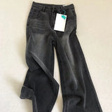 SHOPMOCHO Lady Retro Black Gray High Waist Jeans Pants Women Fashion Straight Leg Denim Trousers Girls Loose Fit Thin Casual Pants