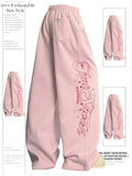 SHOPMOCHOY2K Women's Pink Wide Leg Sweatpants 2025 New Fashion Letter Print Drawstring Waist Casual Streetwear Trousers