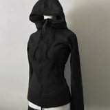 SHOPMOCHO Y2k Grey Retro Wool Double Zipper Design Vintage Hooded Sweatshirt Cardigan Women Spring And Autumn Waist Closure Sweatshirt
