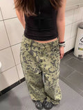 SHOPMOCHO American retro large size washed distressed camouflage rivet jeans women street loose slimming wide leg trousers