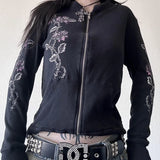 SHOPMOCHO 00s Aesthetic Vintage Jacket Y2k Grunge Zip Up Sweatshirt Flower Wings Print Slim Fit Hoodies E-girl Gothic Cool Street Outwear