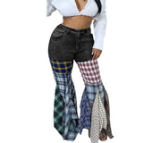 SHOPMOCHO Women Jeans 2025 Summer Fashion Spliced Houndstooth Denim Ruffle Edge Flared High Waist Jeans Pants Female Trousers Streetwear