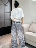 SHOPMOCHO 1PC Vintage Leopard Print High-Waist Loose Women's Jeans, Fashionable Design, Street Style Casual Versatile Wide-Leg Pants