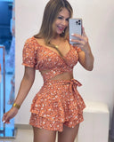 Shopmocho Playsuits Women Print Floral Jumpsuits Shorts Skirts Pants V Neck Short Sleeve Lace Up Tight Waist One Piece Sexy Rompers