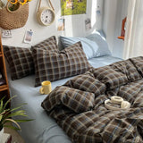 SHOPMOCHO Bedding Set Ins Ambiance Blue Coffee Grid Mixed With Washed Cotton Minimalist Four Piece Set Fitted Sheets Duvet Cover
