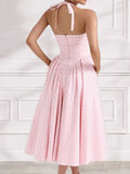 Shopmocho Elegant V-Neck Pleated Long Dresses Women High Waist Summer 2025 French Style Fashion V-neck Backless Lace-up Vacation Vestidos