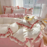 SHOPMOCHO Spring Green Princess Bedding Set Double Layer Lace Bow Quilt Cover Sheet And Pillowcase Simple Pastoral Girl Home Textiles