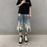 SHOPMOCHO 2026 New Flame Graphic Print Denim Shorts For Men Hip Hop Fashion Straight-leg Baggy Jorts Punk Tie Dye Gradient Y2K Short Jean