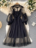 Shopmocho Ladies Dress Three-dimensional Flower Hook Mesh Temperament Stand Collar Lantern Sleeve High Waist Slim Female Dresses
