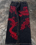 SHOPMOCHO Japanese Dragon Knitted Jeans Men Women Baggy Fit High Street Urban Casual Trendy Fashion Hip Hop Streetwear Daily Wear Style