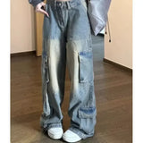 Shopmocho Female Jean Spliced Pockets Cargo Pants Washed Denim High Waist Full Length Jeans Loose Solid Basics Patchwork Distressed