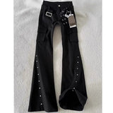 SHOPMOCHO Autumn American Retro Dark Gothic Jeans Women High-street Mid-rise Rivet-decorated Flared Pants Y2K 2000s Aesthetic Cargo Pants