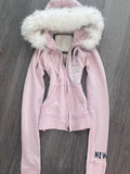 SHOPMOCHO Women Gothic Subculture Skull Embroidery Hooded Coat Winter Japanese Vintage Faux Fur Slim Jacket Grunge Punk Fashion Hoodies