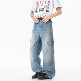 SHOPMOCHO Men's Loose Straight Leg Jeans Multi-Pocket Dark Wash American INS High Street Style Workwear Denim Two Colors Available