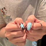 Shopmocho 10pcs Handmade French Short Press On Nails Blue Brown Polka Dot Bow Star Design Fake Nail Wearable Nail Art Tips for Girls