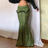 SHOPMOCHO Vintage Fashion Elegant Green Trumpet Long Skirt Graphic Printed Lace Trim Y2K High Waist Skirt Women 2000s Aesthetic