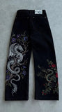 SHOPMOCHO Y2K Black Loose Wide Leg Jeans for Men Women Featuring Dragon and Rose Embroidery Retro Gothic Street Hip Hop Oversized Jeans