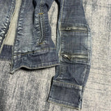 SHOPMOCHO High Collar Zipper Detail Denim Jacket Women Blue Washed Multiple Sleeve Chest Pockets Fitted Cropped Moto Biker Distressed Coat