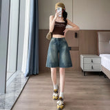 SHOPMOCHO Shorts Female Jeans Summer Wide Leg Loose Fit High Waist Denim Shorts Women's Denim Five Points Mid Length Trousers