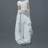 Shopmocho Street White Patchwork Ripped Pants Hiphop Lace Hollow Out Sheer Wide Leg Pants American Vintage Loose Casual Lazy Jazz Trousers
