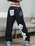 SHOPMOCHO Letter Print Baggy Jeans Women  High Street Vintage Hip Hop High Waisted Jeans Woman Casual Straight Wide Leg Women Jeans