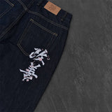Shopmocho White Chinese Character Pattern Embroidery Pocket High Waist Loose Dark Straight Leg Jeans Y2K Men Women Retro Casual Streetwear
