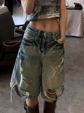 SHOPMOCHO Y2K Hole Jeans Shorts Women American Loose Streetwear Hot Girls Wide Leg Shorts Summer High Waist Retro Wash Denim Shorts