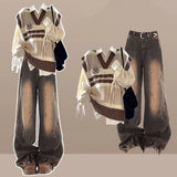 Shopmocho Preppy Style Spring Autumn Women Knit Vest Bandage Shirts Wide Leg Pants Three Piece Set Lady Patchwork Tank Sweater Jeans Suits