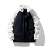 SHOPMOCHO New Winter Men's Jacket for Men Color Block Lamb Wool Thick Cotton Warm Hooded Loose Zipper Casual Men's Clothing Coats Parkas