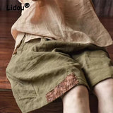 Shopmocho Women Retro Ethnic Style Patch Oversize Cotton Linen Short Pants Summer Female Casual High Waist Beach Shorts Pantalones Cortos