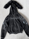 Shopmocho Winter Fashion Streetwear Women's Gothic Punk Faux Fur Hooded Jacket With Cross Print Trendy Edgy Zip - Up Sweatshirt 2025 New