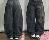 SHOPMOCHO Harajuku Vintage Hip-hop Pop Letters Embroidered Washed Baggy Jeans Ladies Y2K Gothic Fashion Casual High Waist Wide Leg Pants