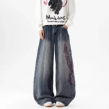 SHOPMOCHO Women's Loose Straight Leg Jeans Elastic High-End Feel  European Fashion Embroidered Flower Trendy Versatile Wide Leg Jeans
