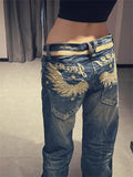 SHOPMOCHO American Personalized Gold Wing Embroidered Jeans Children's 2025 Spring Hot Girl Design Sense Low Waist Micro Flared Pants