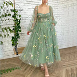 Shopmocho Prom Dresses Green Fairy Puffy Sleeve Lace Embroidery Tulle Formal Evening Party Gown Elegant Tea Lengt Robe De Soiré