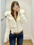 SHOPMOCHO American Retro Pink Fur Collar Hooded Short Cotton Coat Fashion High Street Fur Collar Hooded Cotton Coat Winter Jacket Women