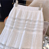 Shopmocho Embroidery Eyelet Cut-out Maxi Skirt White Cotton Semi Sheer Flowy Long Skirt Women Boho Summer Vacation Fairycore Outfit