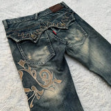 Shopmocho Street Harajuku Heavy Industries Retro Pattern Embroidery Blue Washed Jeans Women's Personalized Casual Splicing Flare Pants