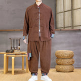 SHOPMOCHO Chinese Style Men Casual Set Ethnic Two Piece Cotton Comfort Stand Collar Jacket Retro Frog Buttons Cuff Ethnic Print Loose Fit
