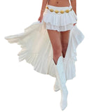 Shopmocho Women's Elastic Band Waist Flowy Skirt Irregular Ruffle Asymmetrical Midi White Boho Skirt Streetwear