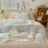 Shopmocho Korean Princess Style Bedding Set Soft Skin-friendly Lattice Lace Ruffles Quilt Cover Plaid Style Duvet Covers Set Pillowcases