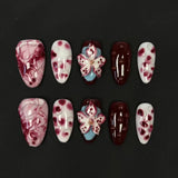 Shopmocho 10Pcs Red Handmade Nails 3D Carved White Flower Fake Nails Mid-Length Almond Shape Press on Nails Spotting Design Manicure Arts