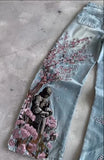 SHOPMOCHO Men Women Cherry Blossom Knight All Embroidery Denim Pants Y2k Vintage Baggy Street Straight Jeans High Waisted Washed Blue Jean